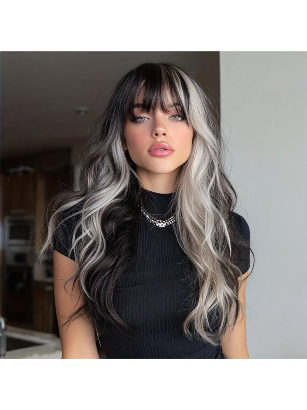 26-Inch Stylish And Chic Women'S Solid Black And Silvery Gray Highlighted Curly